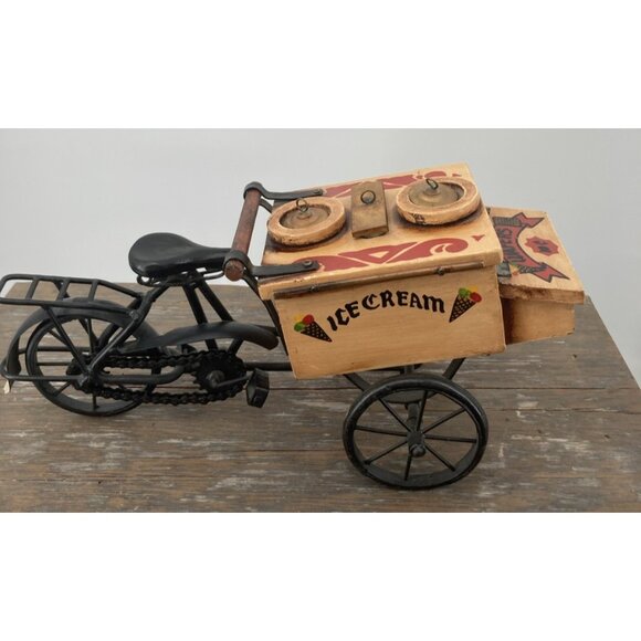 Rare Metal & Wood 3 Wheel Bicycle Ice Cream Cart Decorative Vintage Home Decor - Picture 6 of 11